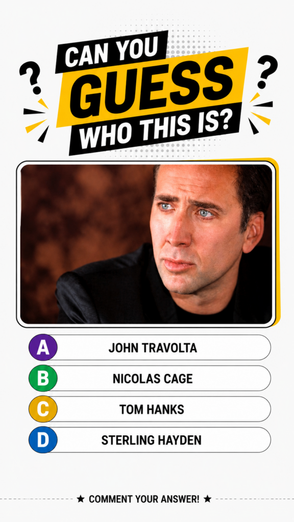 Portrait of actor Nicolas Cage looking slightly upwards and to the right with a thoughtful or intense expression and str