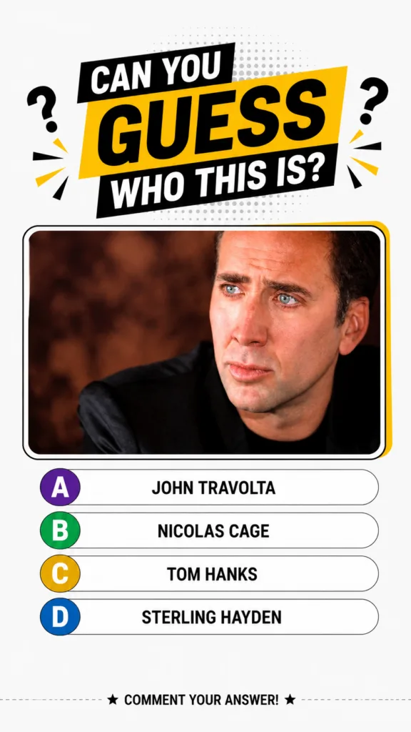Portrait of actor Nicolas Cage looking slightly upwards and to the right with a thoughtful or intense expression and str