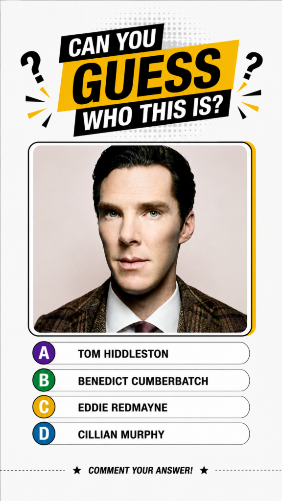 Benedict Cumberbatch in a professional studio headshot wearing a brown tweed-like jacket and a tie similar to the quiz i