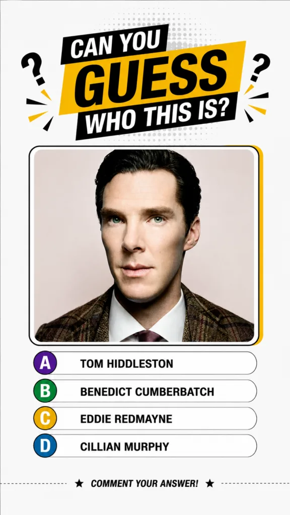 Benedict Cumberbatch in a professional studio headshot wearing a brown tweed-like jacket and a tie similar to the quiz i