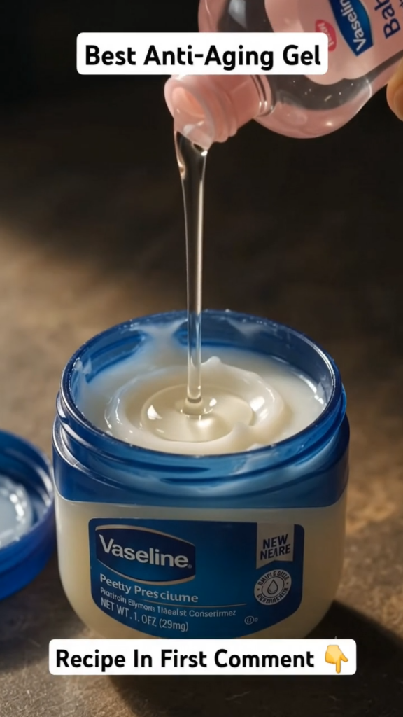Baby oil being poured into a jar of Vaseline creating ripples on the surface The Vaseline jar is in the lower center wit