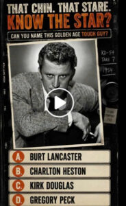 A vintage-style quiz image featuring a black and white portrait of Kirk Douglas identified as a Golden Age Tough Guy wit