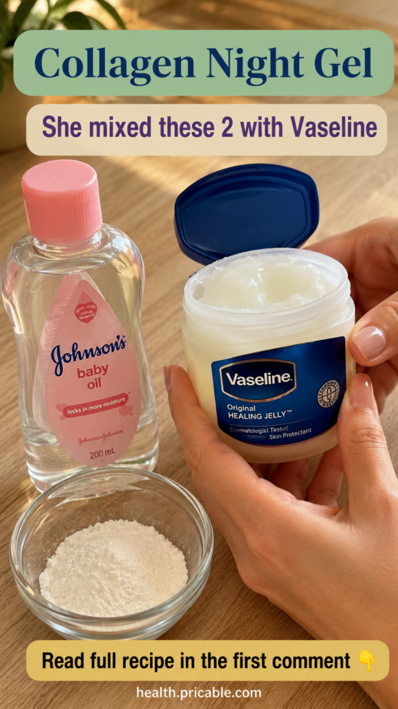 Ingredients for DIY collagen night gel on a wooden surface Vaseline jar baby oil bottle and a small bowl of white powder