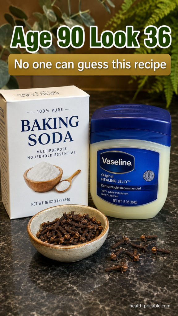 Baking soda box Vaseline jar and a small bowl of dried cloves on a dark countertop with a green foliage background sugge