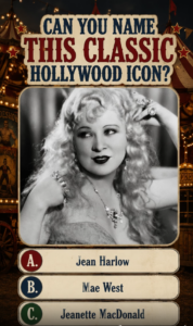 A vintage-style quiz featuring a black and white portrait of Jean Harlow with wavy blonde hair and elaborate jewelry set