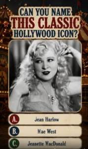 A vintage-style quiz featuring a black and white portrait of Jean Harlow with wavy blonde hair and elaborate jewelry set