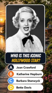 A black and white portrait of Bette Davis smiling expressively against a colorful split background of a sunset lake and 