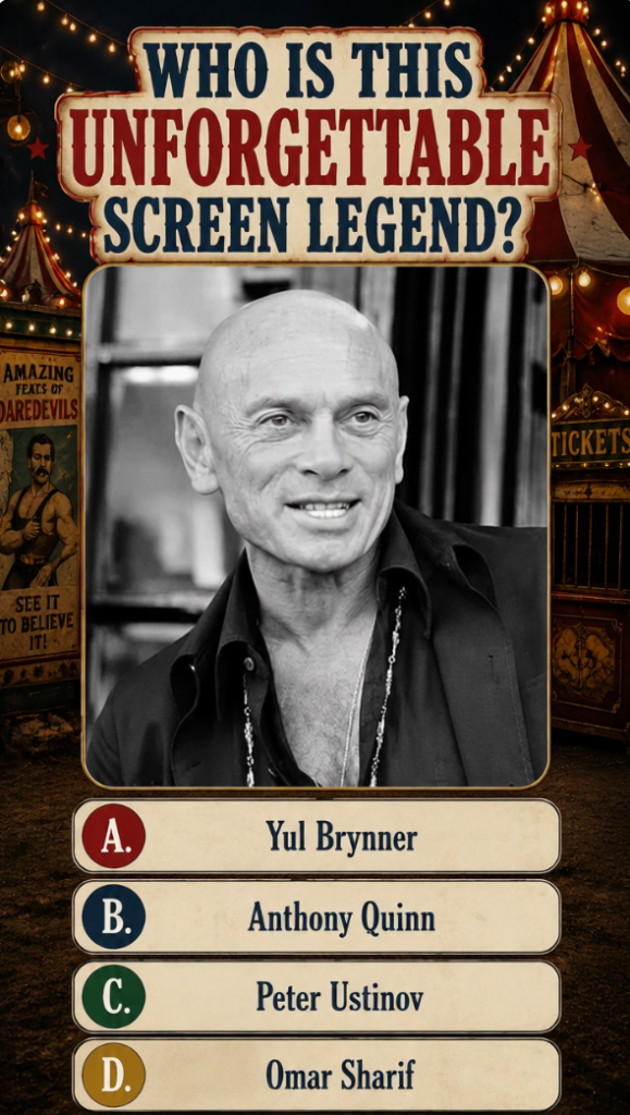 Black and white portrait of a smiling Yul Brynner with his iconic bald head in a vintage quiz setting