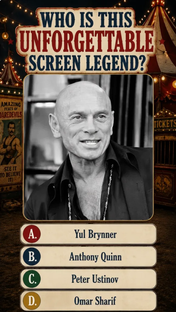 Black and white portrait of a smiling Yul Brynner with his iconic bald head in a vintage quiz setting