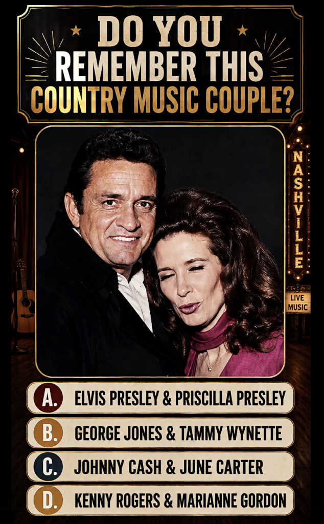 A black and white portrait of Johnny Cash and June Carter Cash smiling and looking at the viewer set against a dark back