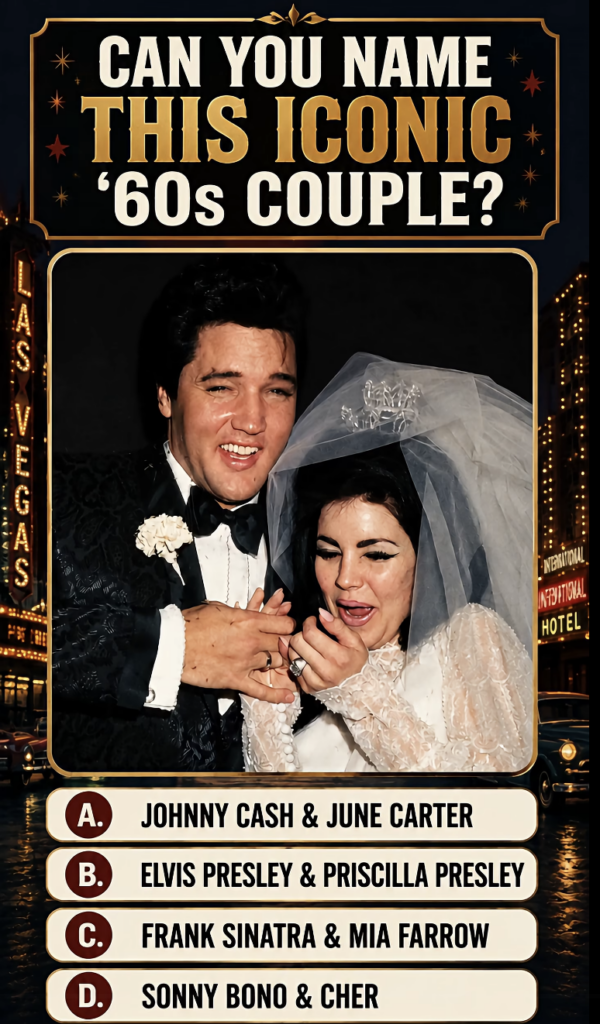 The original quiz image showing a colorized wedding photograph of Elvis and Priscilla Presley framed with a gold border 