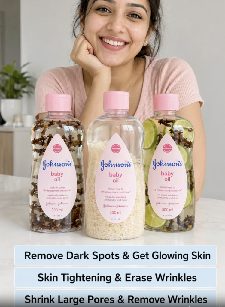 Three clear bottles of infused baby oil one with cloves one with rice and one with lime and cloves on a clean background