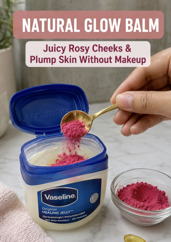 Ingredients for natural glow balm an open jar of Vaseline a small bowl of vibrant pink powder and a yellow vitamin E cap