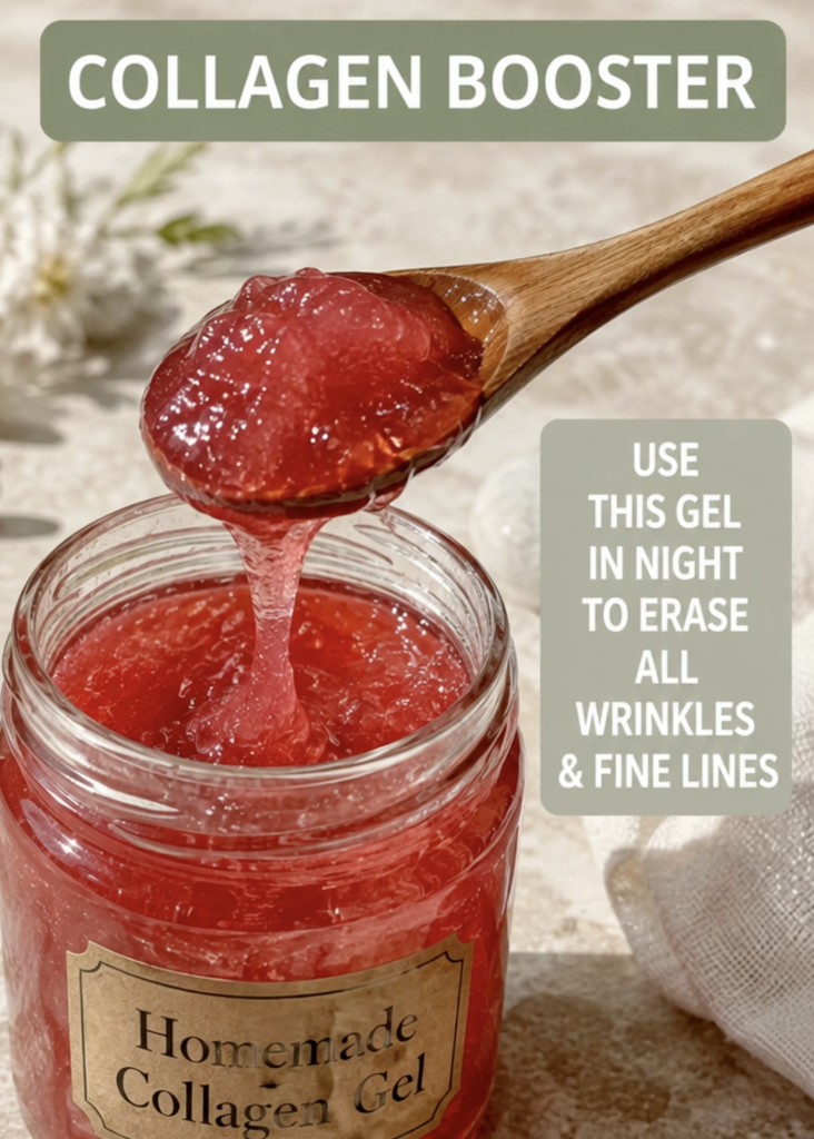 A clear glass jar filled with a vibrant reddish-pink jelly-like substance labeled Homemade Collagen Gel A wooden spoon s