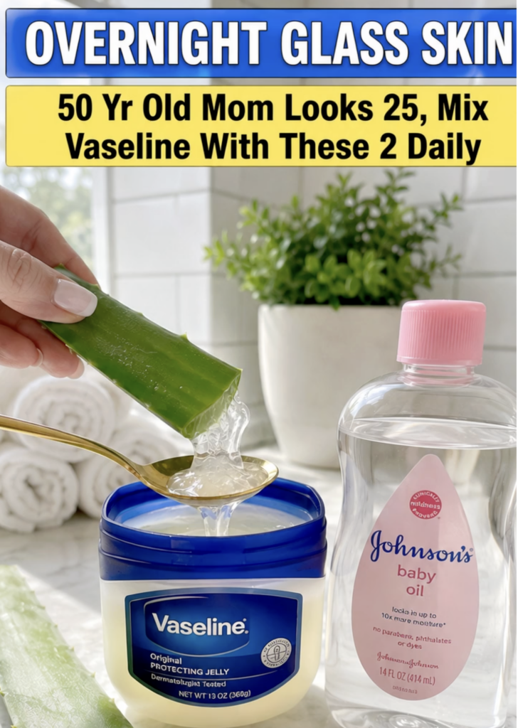 A hand using a golden spoon to mix fresh aloe vera gel into a jar of Vaseline with a bottle of baby oil in the backgroun