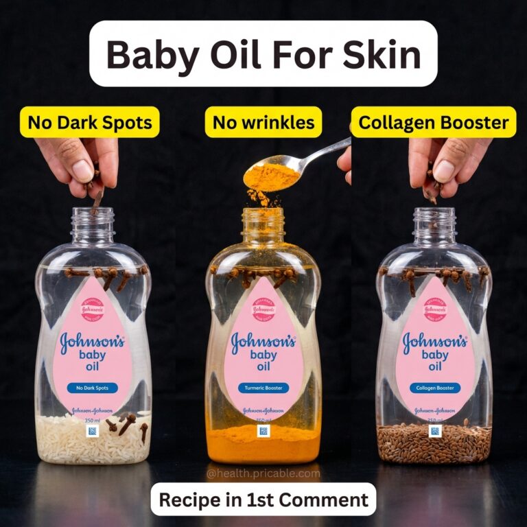 Three clear bottles of baby oil infused with different natural ingredients like rice turmeric and flax seeds Hands are a
