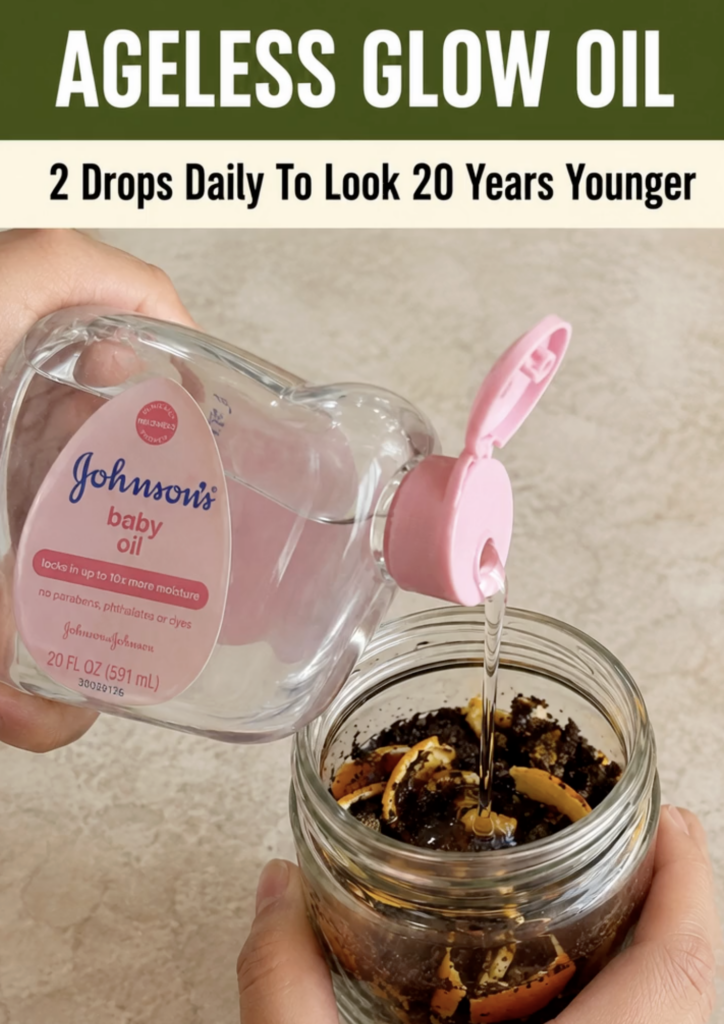 Hands pouring Johnson s Baby Oil into a glass jar containing coffee grounds and orange peel pieces to create a DIY Agele