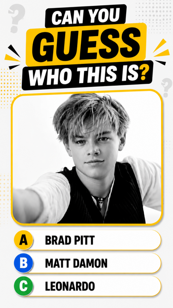 Black and white portrait of a young Leonardo DiCaprio similar to the quiz image looking direct and slightly serious