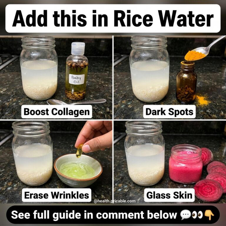 A four-panel grid showing different rice water beauty remedies with various natural ingredients like turmeric baby oil a