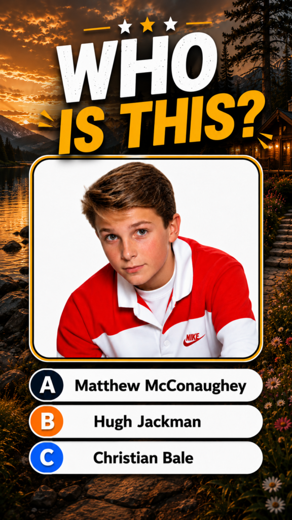 A quiz graphic asking WHO IS THIS with a central portrait of a young boy against a scenic background Options A Matthew M