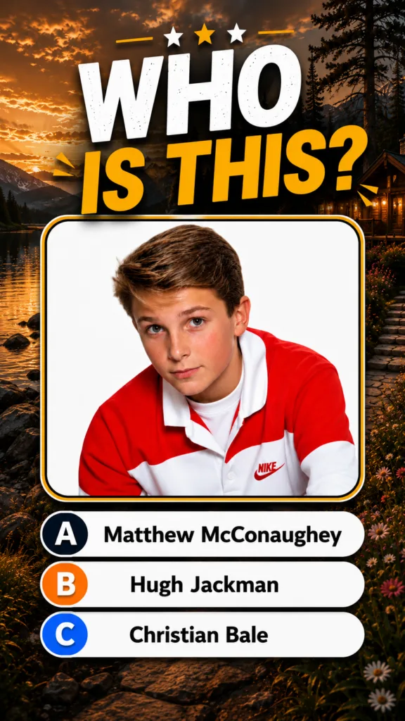 A quiz graphic asking WHO IS THIS with a central portrait of a young boy against a scenic background Options A Matthew M