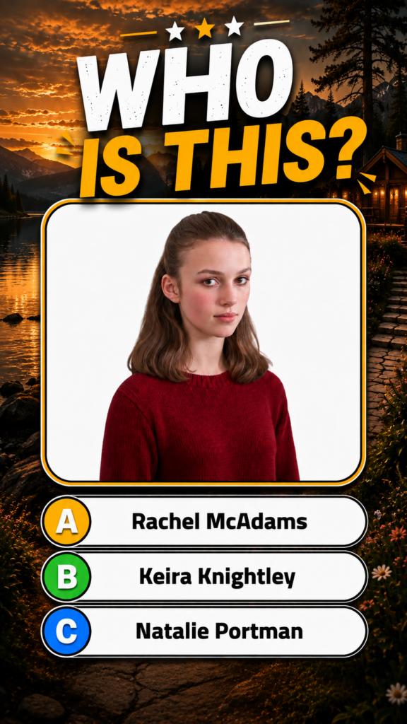 A quiz graphic showing a young woman s portrait against a mountain lake sunset with the question WHO IS THIS and options