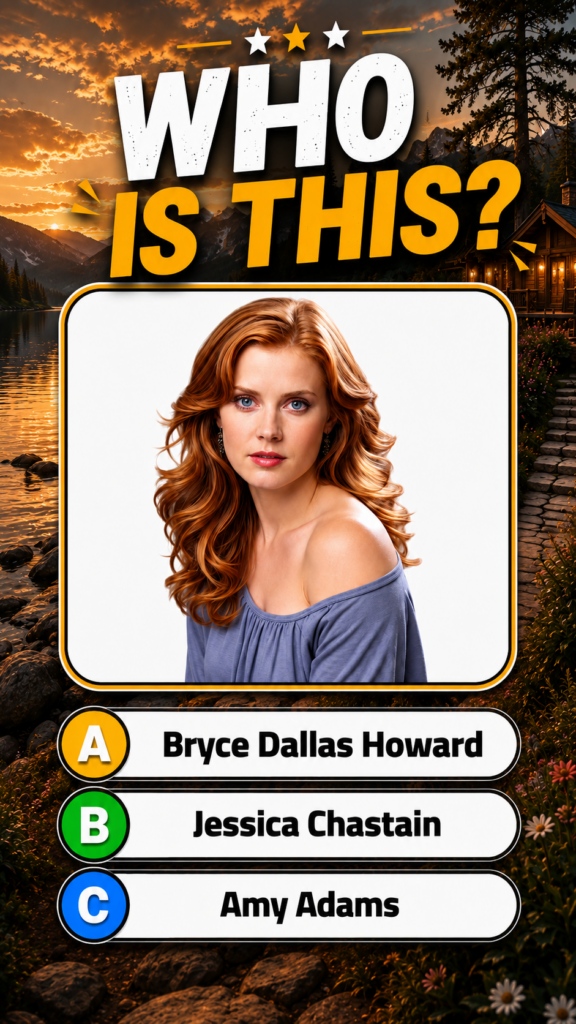The original quiz image showing Amy Adams portrait with the question WHO IS THIS and options A Bryce Dallas Howard B Jes