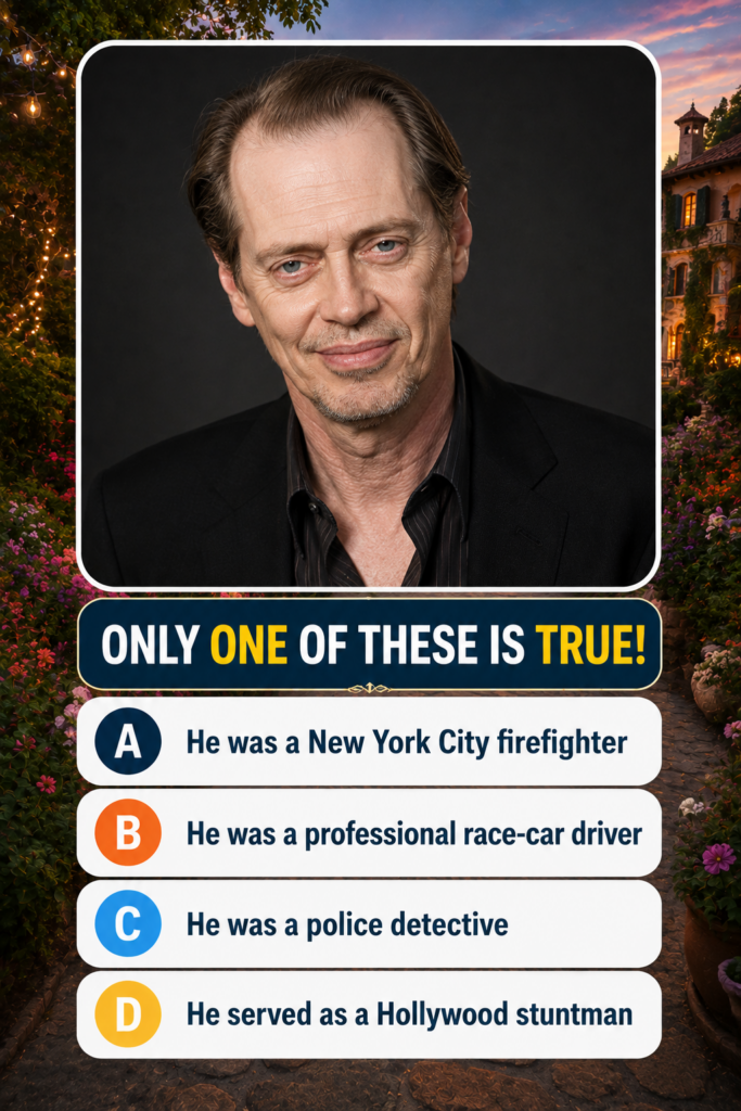 A portrait of actor Steve Buscemi smiling subtly wearing a dark suit jacket and a striped shirt against a plain dark gra