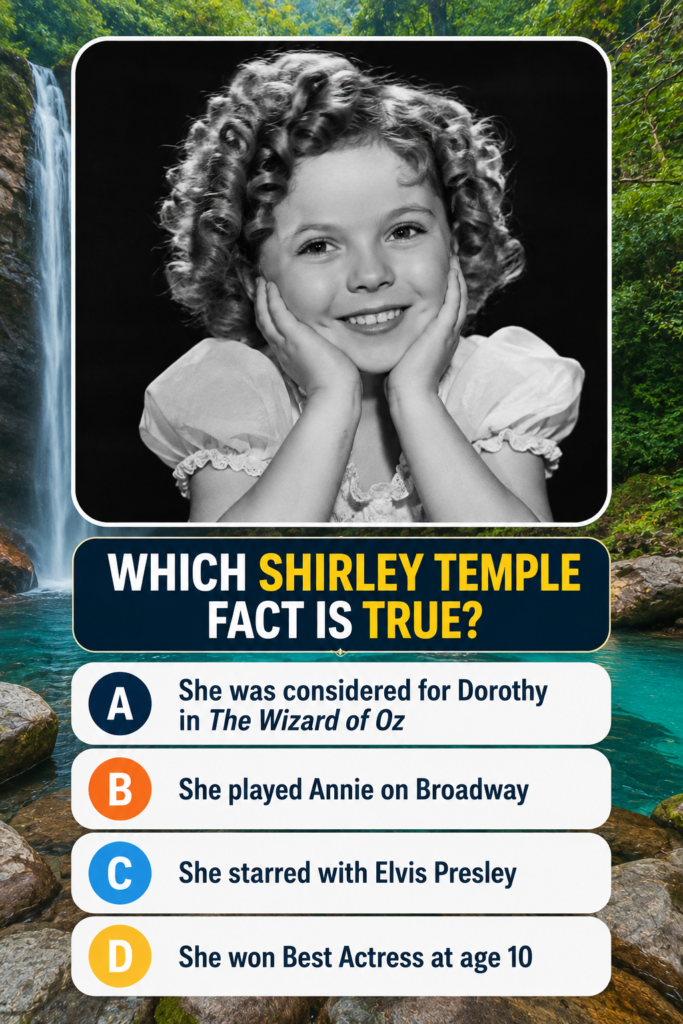 A black and white portrait of a young smiling Shirley Temple with her iconic curly hair similar to the quiz image