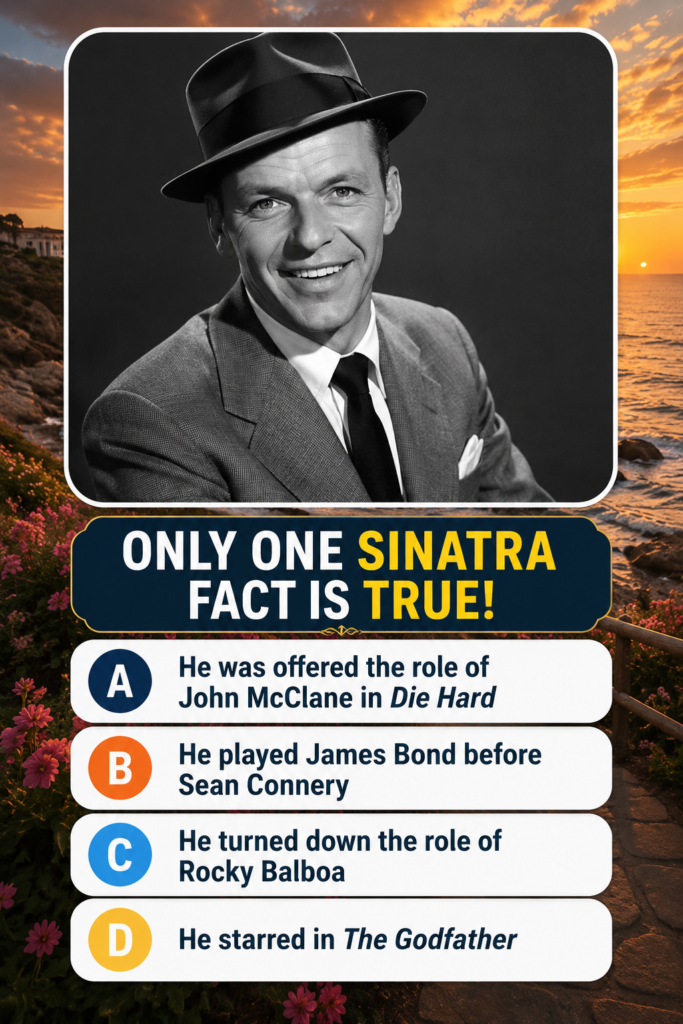 Frank Sinatra in a black and white portrait smiling and wearing a fedora and suit as part of a quiz overlay with text ON