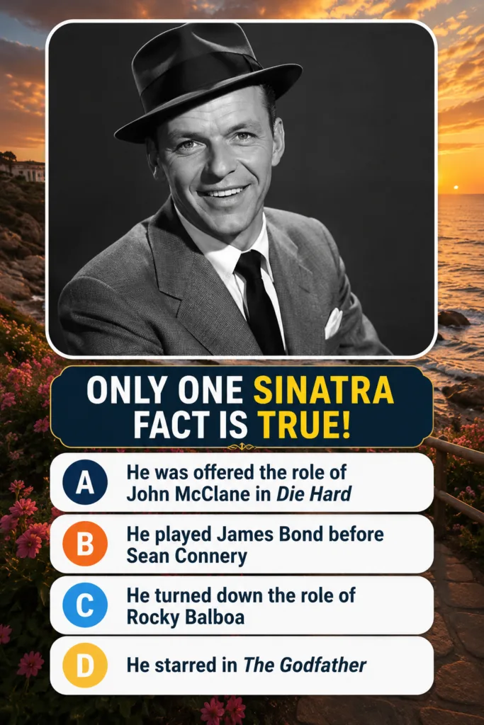 Frank Sinatra in a black and white portrait smiling and wearing a fedora and suit as part of a quiz overlay with text ON