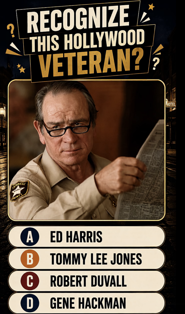 A trivia quiz featuring a central portrait of Tommy Lee Jones as a sheriff wearing glasses and holding a newspaper with 