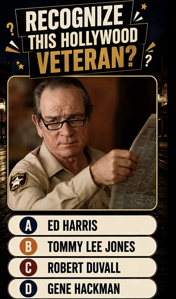 A trivia quiz featuring a central portrait of Tommy Lee Jones as a sheriff wearing glasses and holding a newspaper with 