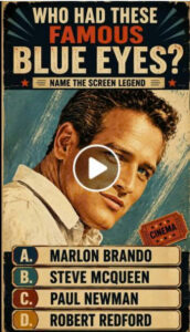 A vintage-style quiz poster asking WHO HAD THESE FAMOUS BLUE EYES NAME THE SCREEN LEGEND The middle section features a p