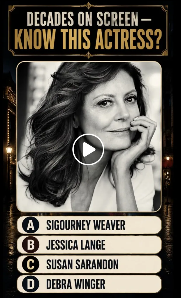 Black and white portrait of Susan Sarandon smiling resting her chin on her hand with the quiz title DECADES ON SCREEN - 