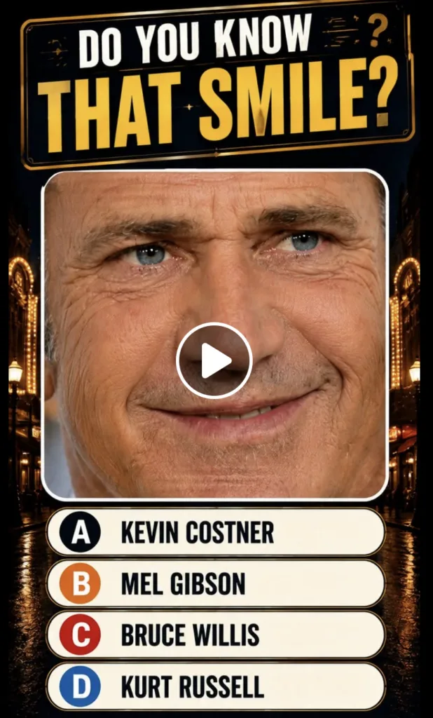 A close-up of a smiling Mel Gibson with prominent blue eyes and facial wrinkles A white play button icon is overlaid on 