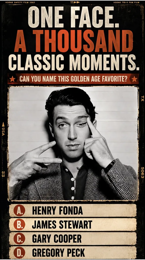 Black and white portrait of James Stewart winking and pointing towards his eyes set within a film strip border resemblin