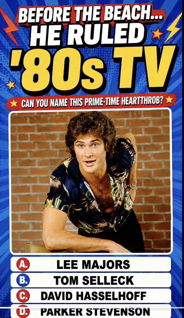 A vibrant retro-themed trivia graphic featuring a youthful David Hasselhoff in a Hawaiian-style shirt against a brick wa