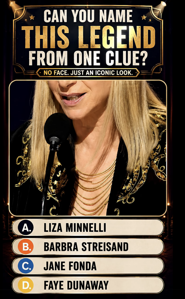 Quiz image showing a close-up of a woman with blonde hair a multi-strand gold necklace and an elaborate black jacket spe