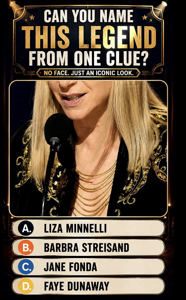 Quiz image showing a close-up of a woman with blonde hair a multi-strand gold necklace and an elaborate black jacket spe