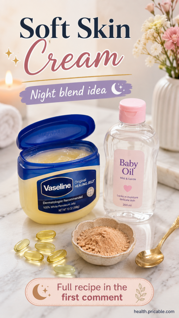 Ingredients for a DIY soft skin night cream laid out on a marble surface an open jar of Vaseline a bottle of baby oil vi