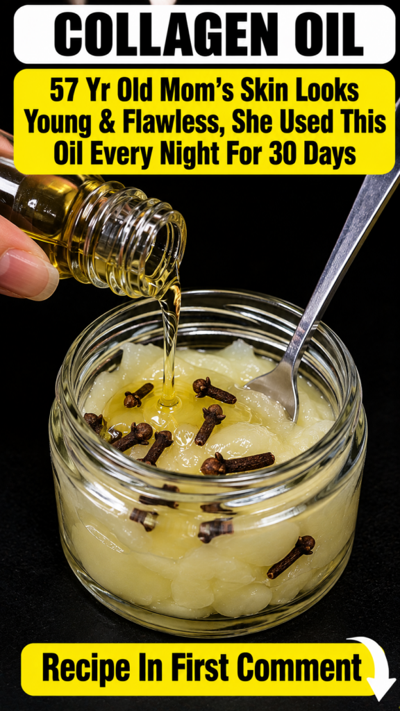 A hand pouring golden olive oil into a clear glass jar containing Vaseline and whole cloves with a fork partially submer