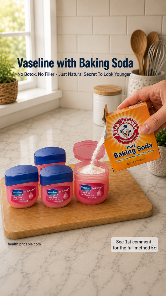 A hand pouring white baking soda from a box into an open pink container of Vaseline Lip Therapy Three other closed Vasel