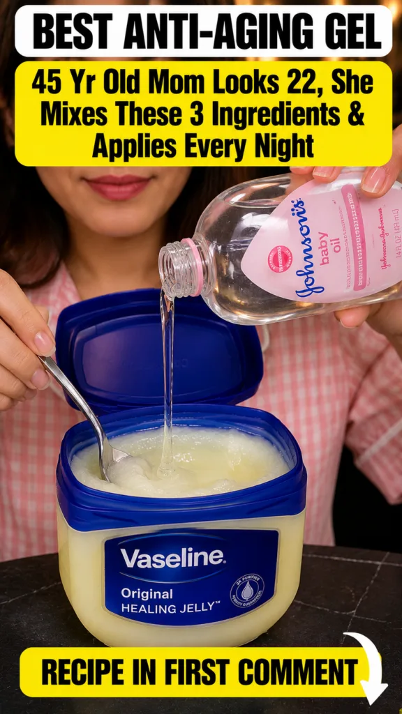 A person s hands in a pink checkered top pouring Johnson s baby oil into a container of Vaseline Original Healing Jelly