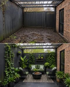 A beautiful transformed side yard garden lounge with comfortable outdoor seating lush vertical greenery on a fence and w