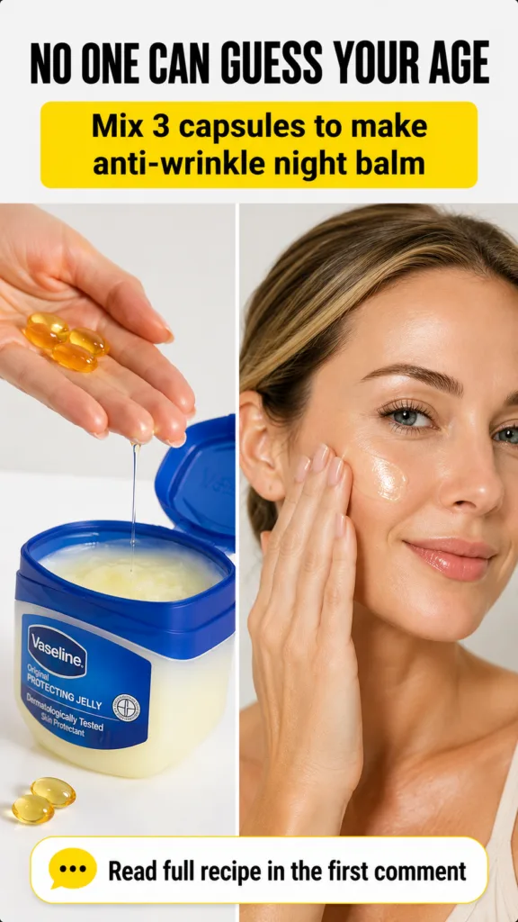 A split-screen showing a hand squeezing a yellow gel capsule into an open tub of Vaseline on the left and a smiling woma