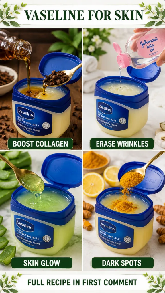 A 2x2 grid showing four DIY Vaseline recipes with their ingredients and benefits Top-left Vaseline oil cloves for BOOST 