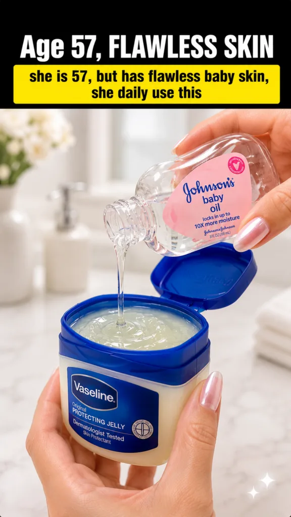 Hands mixing Johnson s baby oil into a tub of Vaseline creating ripples on the jelly s surface against a blurred bathroo
