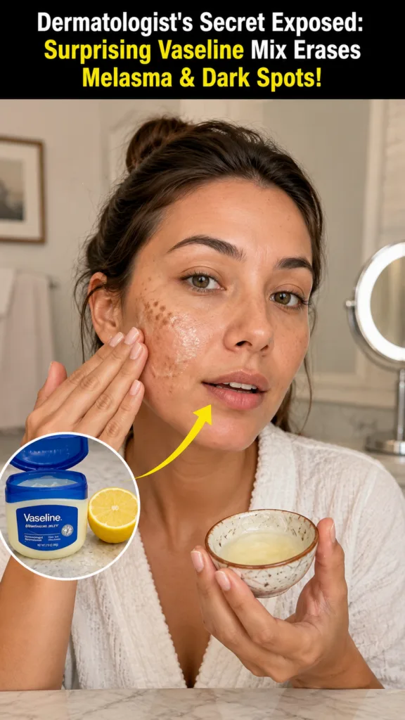 A woman gently applying a homemade potato and lemon mixture to her cheek where dark spots are visible She holds a small 