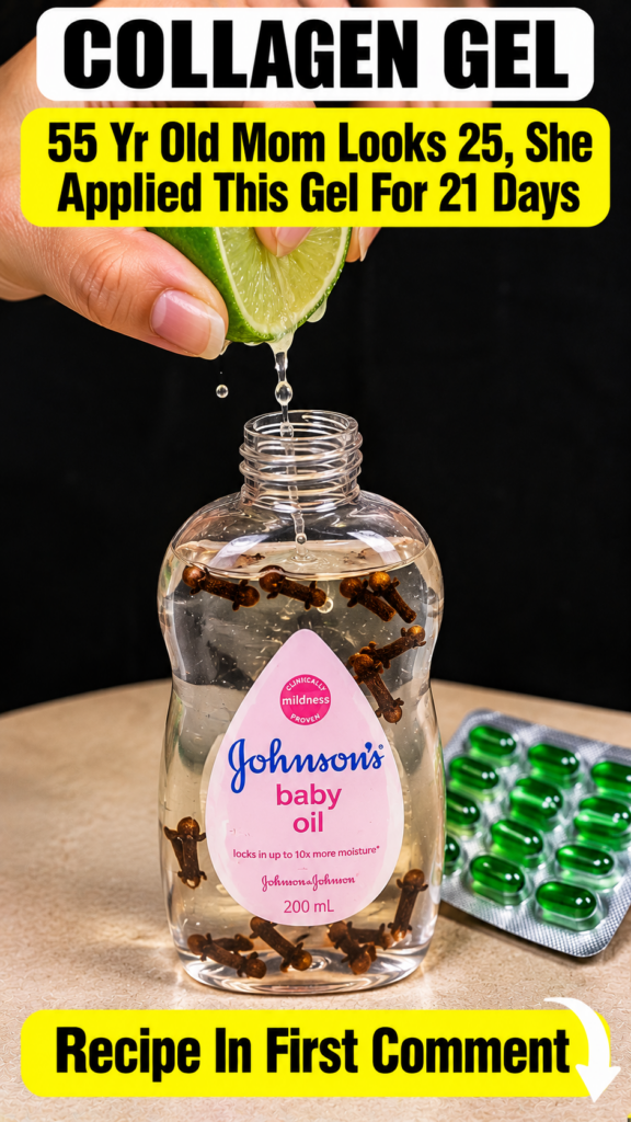 A hand squeezing a lime into a bottle of baby oil infused with cloves with green Vitamin E capsules nearby set against a